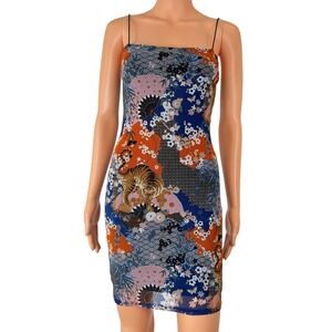 Japanese Tiger Floral Mesh Mini Dress Orange Blue Spaghetti Strap Y2K Short Dres